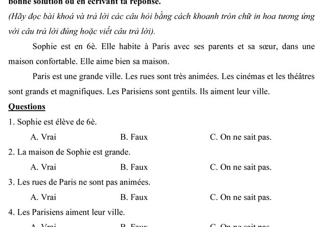 Đề kiểm tra tiếng Pháp học kì 1 lớp 6 1